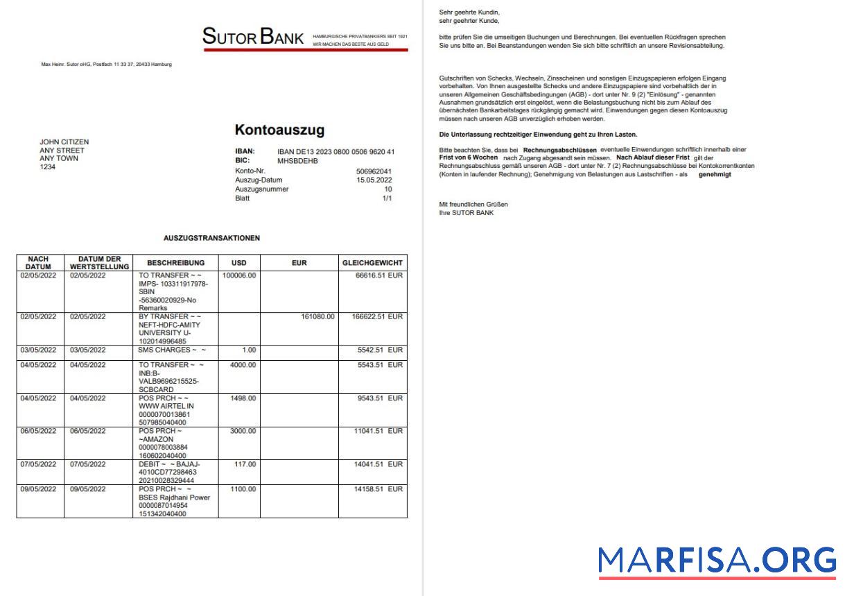 Printable Germany Sutor bank statement on Deutsch word 2 pages template
